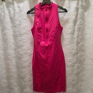 Popilush Hot Pink Faux Leather Built-In Shapewear Mock Neck Midi Dress Large